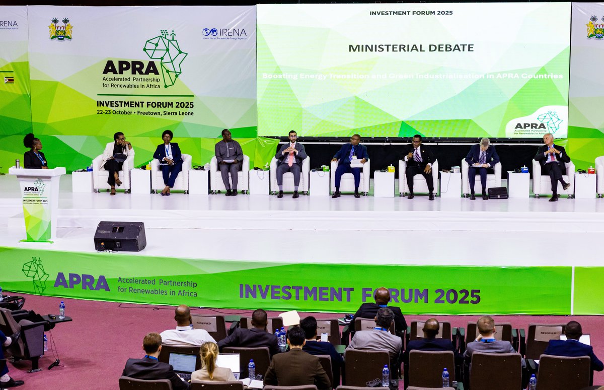 IRENA's tweet image. #HappeningNow in #Freetown

Ministers at the #APRAfrica Investment Forum are outlining national priorities &amp;amp; real-life challenges their countries face in advancing #renewables.

Their reflections will set the stage for targeted, results-driven collaboration over the next 2 days.