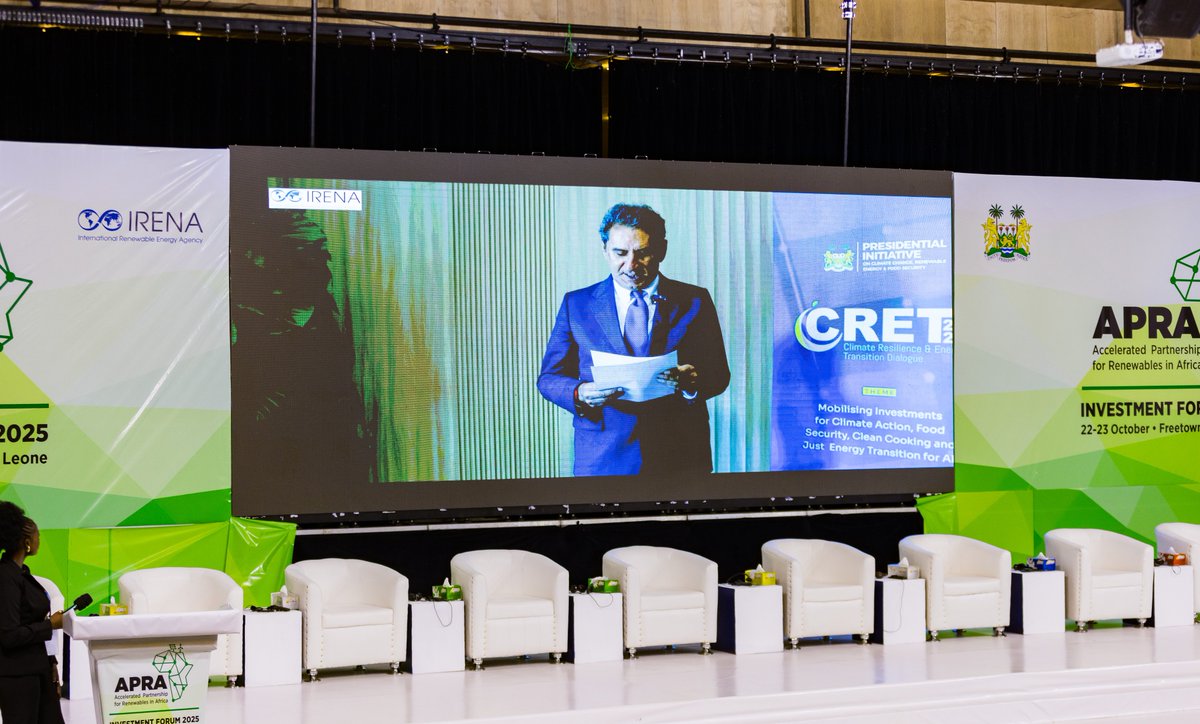 IRENA's tweet image. #HappeningNow in #Freetown

Ministers at the #APRAfrica Investment Forum are outlining national priorities &amp;amp; real-life challenges their countries face in advancing #renewables.

Their reflections will set the stage for targeted, results-driven collaboration over the next 2 days.