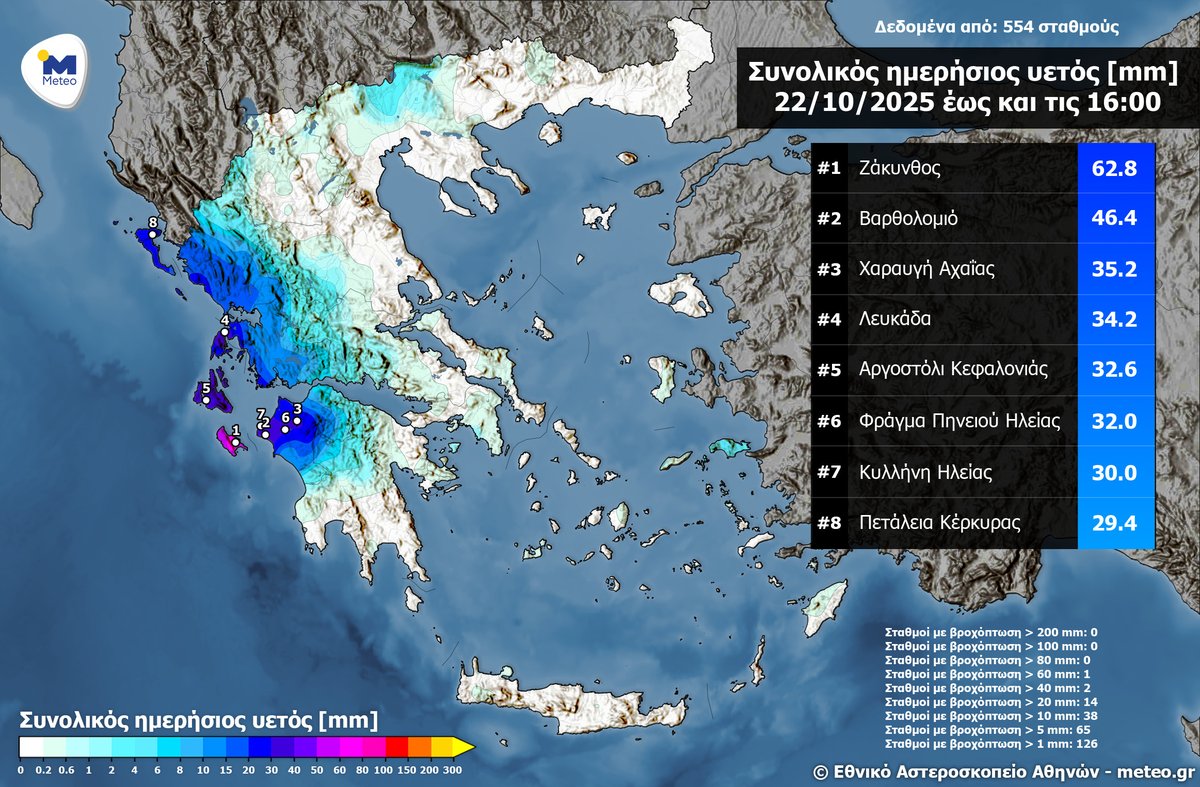 Τα μεγαλύτερα ύψη βροχής έως το απόγευμα της Τετάρτης 22 Οκτωβρίου 2025. Διαβάστε: meteo.gr/article_view.c…