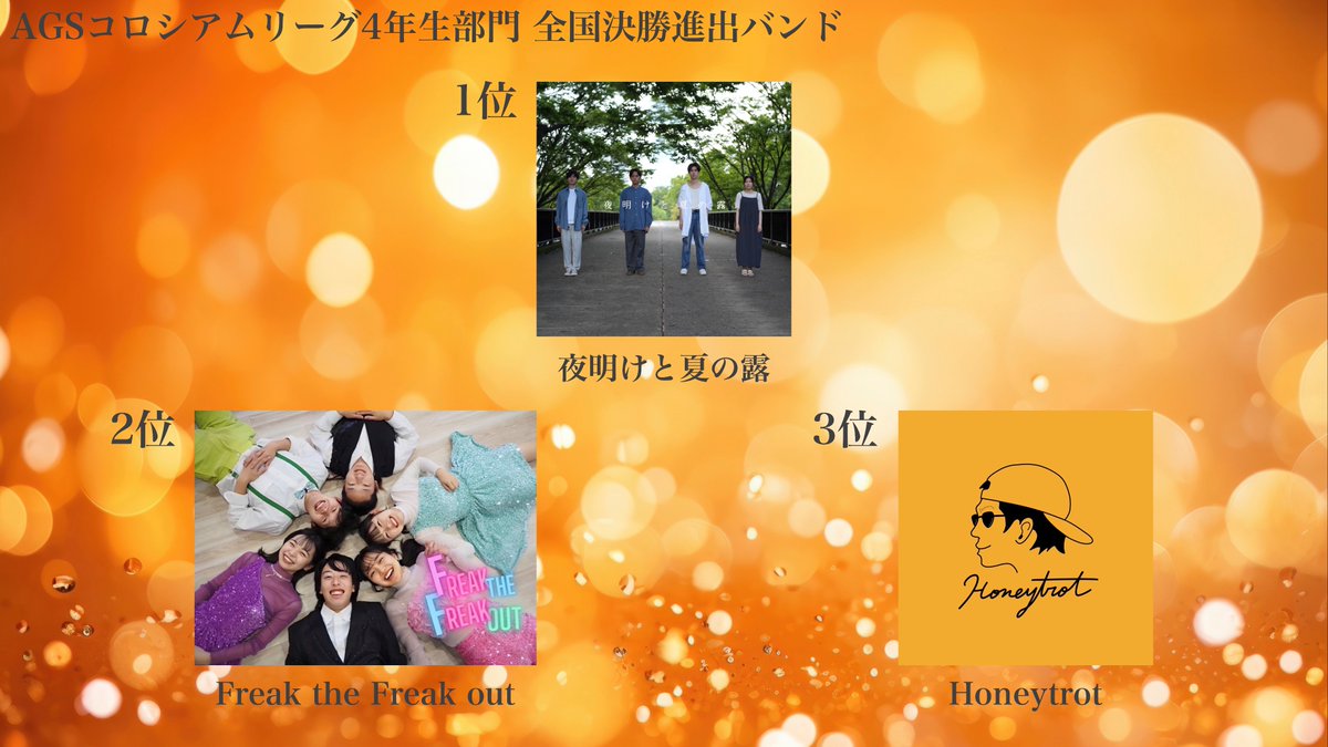 AcappellaGS's tweet image. 🏆4年生部門最終動画予選 全通過バンド発表🏆

①審査員ポイント+視聴者ポイント上位12組
②審査員追加選出枠 3組
▷合計15組

4年生部門実地決勝は、
『 12月13日(土) 11:00〜 』
丸の内 明治安田ホールにて開催🔥

※上位3組は実地決勝にてアドバンテージポイント付与
#AGS4年生