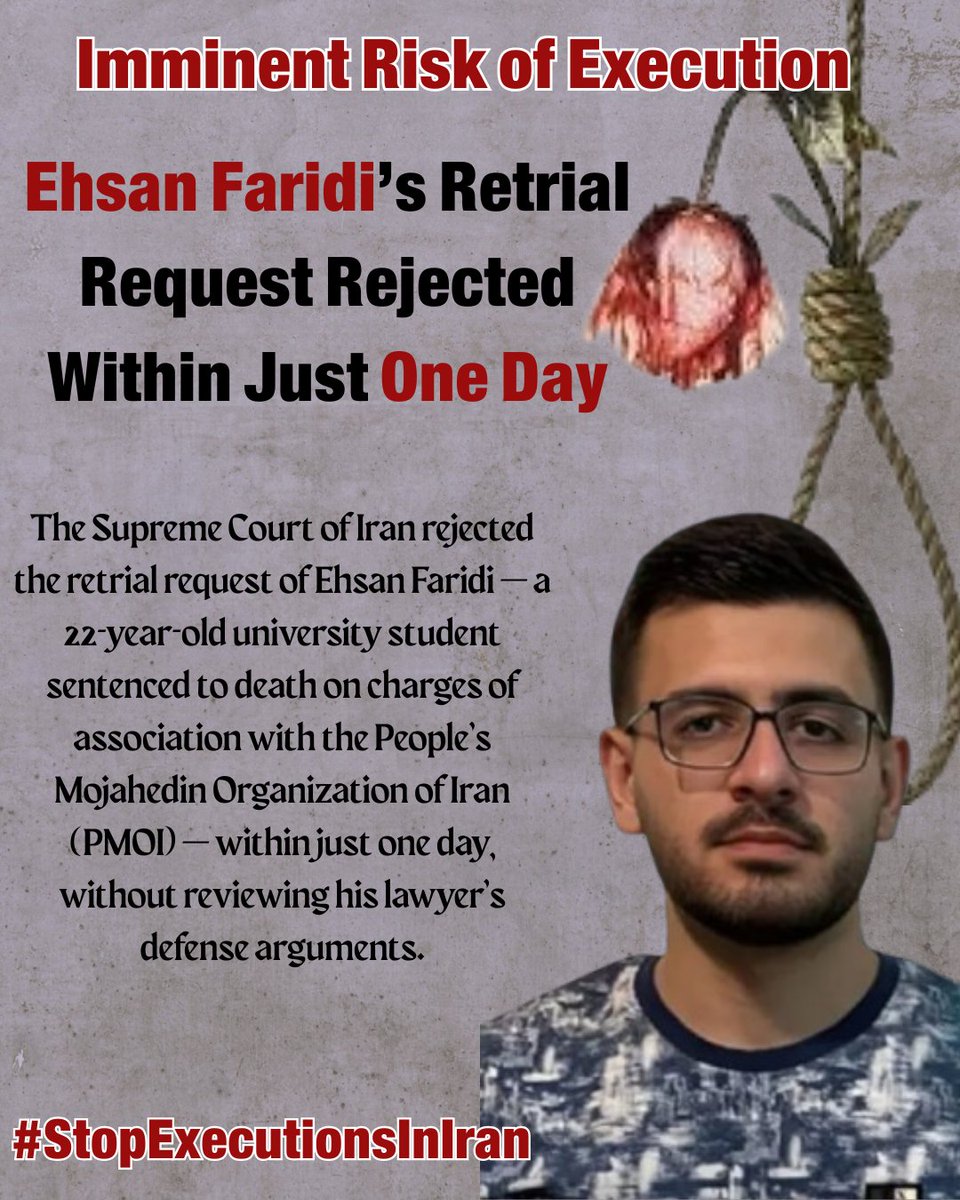 shabnam madadzadeh (@shmadadzadeh) on Twitter photo 🚨
URGENT ACTION NEEDED :
#Ehsan_Faridi’s Retrial Request Rejected Within Just One Day — Imminent Risk of Execution
CC: <a href="/drmaisato/">Mai Sato</a> <a href="/volker_turk/">Volker Türk</a> <a href="/UN_SPExperts/">UN Special Procedures</a> <a href="/DPRUOxford/">Death Penalty Research Unit, Oxford</a> <a href="/MaryLawlorhrds/">Mary Lawlor UN Special Rapporteur HRDs</a>
Mahmoud Behzadi-Rad, Ehsan Faridi's lawyer— a 22-year-old university student sentenced 🚨
URGENT ACTION NEEDED :
#Ehsan_Faridi’s Retrial Request Rejected Within Just One Day — Imminent Risk of Execution
CC: <a href="/drmaisato/">Mai Sato</a> <a href="/volker_turk/">Volker Türk</a> <a href="/UN_SPExperts/">UN Special Procedures</a> <a href="/DPRUOxford/">Death Penalty Research Unit, Oxford</a> <a href="/MaryLawlorhrds/">Mary Lawlor UN Special Rapporteur HRDs</a>
Mahmoud Behzadi-Rad, Ehsan Faridi's lawyer— a 22-year-old university student sentenced