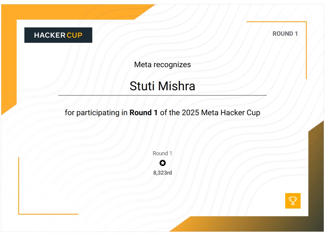 Stutimishra9451's tweet image. First experience in Meta Hacker Cup Round 1!
Validated Ques A &amp; B but couldnโt submit due to a input file &amp; time limit ๐
Still managed AIR 8323 โ not the best, but definitely a step forward
Next time, stronger! ๐ฅ
#MetaHackerCup #CompetitiveProgramming #CP #Meta #Learning