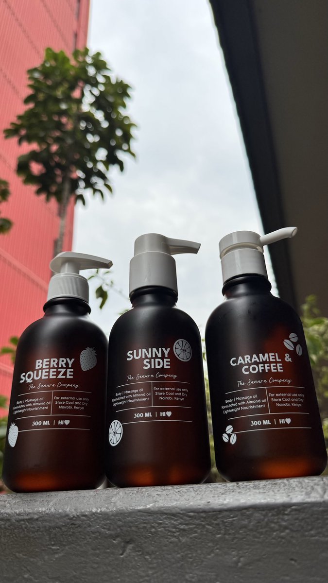 A trio of Body Oils is delivered. 
Berry Squeeze: Fruity-Sweet
Sunny Side: Citrus-Fresh
Caramel and Coffee: Gourmand-Warm
300 mL/1500 KES
sanurabeauty.com