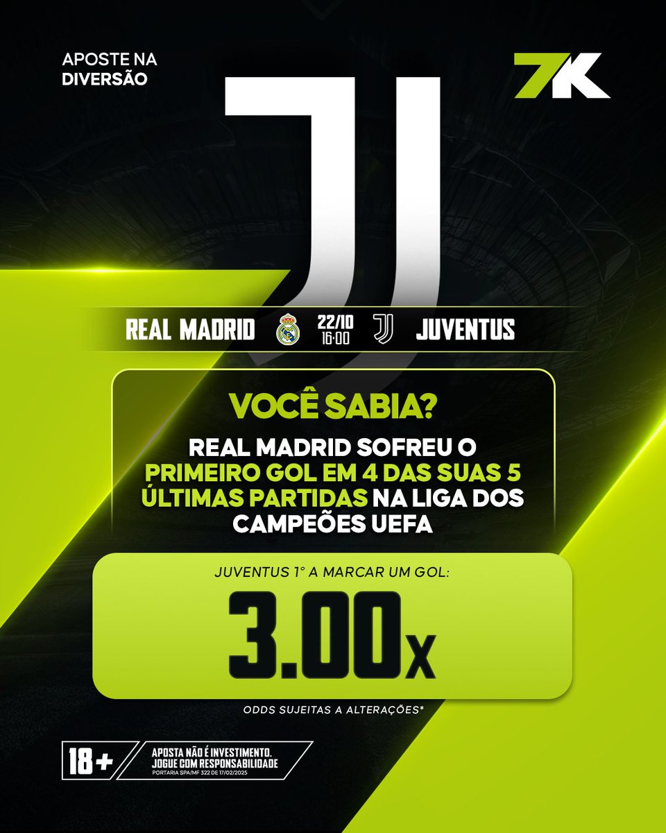 O Real tem vacilado no começo dos jogos... 👀 Será que a Juve marca primeiro de novo? ⚽💥

Odds a 3.00x, tá valendo ficar de olho nesse duelo: 7k.bet.br/sports/futebol…

🔞 Aposta não é investimento. Apenas para maiores de 18 anos. Jogue com responsabilidade. Portaria SPA/MF 322
