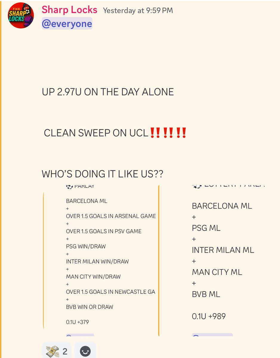 TheSharpLocks's tweet image. CLEAN SWEEP ON UCL 

2.91 PROFIT YESTERDAY ✅💵

#Sports #UCL #soccer #bets #picks