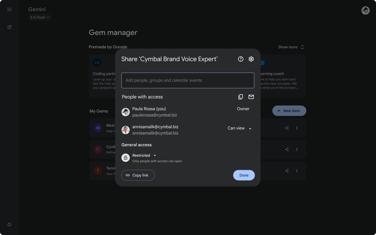GoogleWorkspace's tweet image. If you can share @googledocs, you can now share a Gem. 💎 Instantly distribute custom AI experts to your team to streamline workflows and ensure everyone is on the same page. → goo.gle/4nVtZr9