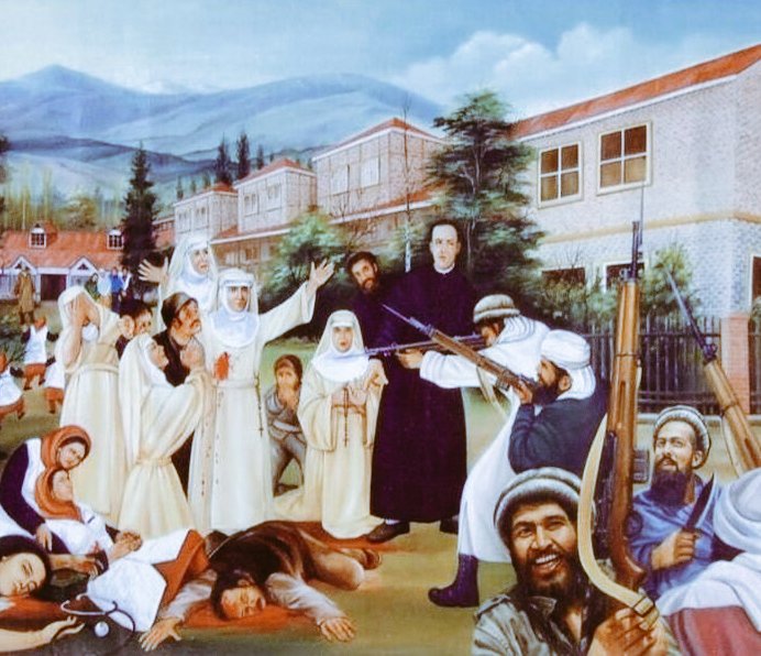 CARNAGE &amp; RAPE OF CHRISTIAN NUNS IN ST. JOSEPH HOSPITAL, BARAMULLA, KASHMIR VALLEY BY PAKISTANI RAIDERS ON OCTOBER 22, 1947

This is a painting that depicts Pakistani tribal raiders (called "Kabailis") shooting helpless Catholic Christian nuns of St. Joseph Mission Hospital in