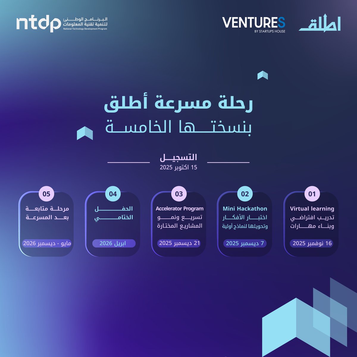 AttliqProgram's tweet image. ابدأ مع #مسرعة_أطلق وحقق طموحاتك الريادية، من الانضمام في المسرعة إلى تخريج المشاريع المبتكرة.

كُل خطوة تخطوها معنا هي خطوة نحو المستقبل.                                              سجل الآن🎯
link.attliq.com/xv5

#أطلق_مشروعك
@ntdpsa