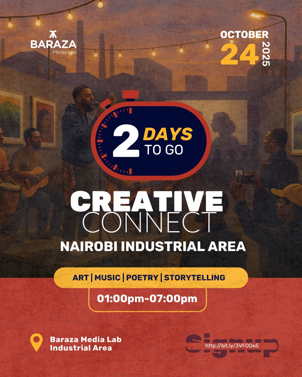 BarazaLab's tweet photo. Two days to go till we bring Nairobi’s creative community together for CREATIVE CONNECT - a celebration of artistic expression in all its forms.

From spoken word to live music, from photography to film, to dance, and from digital art to the TikTok community - we’re creating a space for everyone to showcase their craft, exchange ideas, and collaborate.

Expect a day full of energy, connection, and creativity, where every story matters and every voice has a place.

Register here: https://t.co/Ks9XBB6fcr 

📍 Baraza Media Lab – Industrial Area
🗓️ Friday, 24th October | 1:00pm – 7:00pm

Come ready to experience, create, and connect.
#CreativeConnect #BarazaMediaLabIndustrialArea #NairobiCreatives #CreativeCommunity