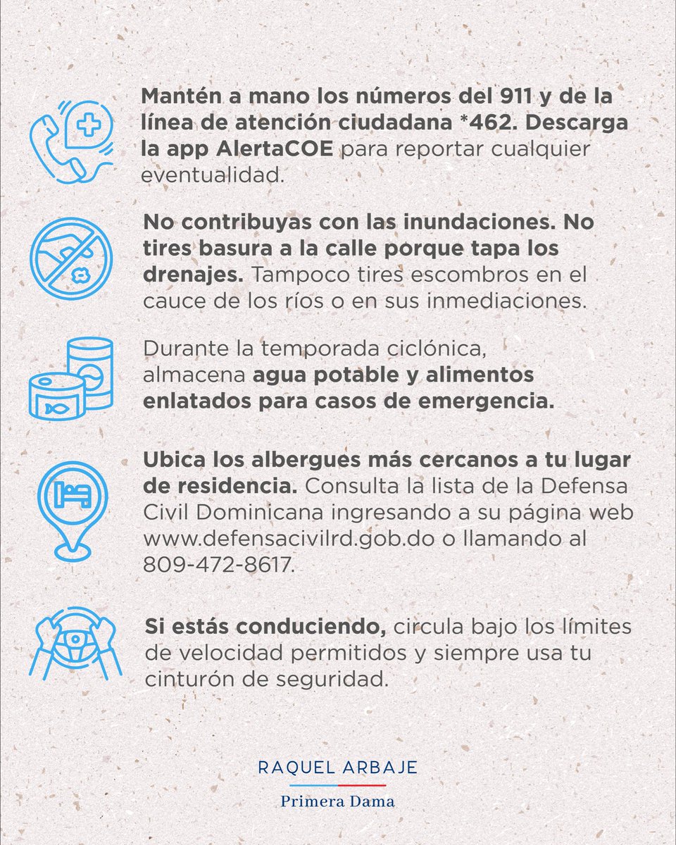 raquelarbaje's tweet image. 💧 Durante las próximas horas continuarán las lluvias en gran parte del país. Les recordamos la importancia de seguir las recomendaciones del @COE_RD y la @DefensaCivilRD.
Ante cualquier emergencia, pueden comunicarse al 911 o al *462 para recibir asistencia inmediata.