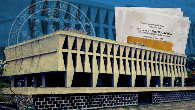 A beige multi-story building with a modern geometric facade featuring triangular cutouts and a brick base stands prominently. Overlaid on the image are stacks of yellow and white official documents labeled with text including CÃ©dula de Vecindad Guatemala 17 and CONSULADO GENERAL. A blue circular seal with text CONSULADO GENERAL CAROLINA appears in the top left corner.