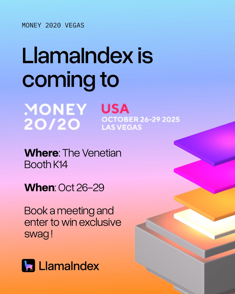 llama_index's tweet image. 🚀 LlamaIndex is headed to @money2020 in Las Vegas!
We’re meeting with fintech and financial leaders to show how AI agents built on LlamaIndex are transforming underwriting, compliance, operations and more — all powered by private docs & data.
Want to see how? Book a meeting…