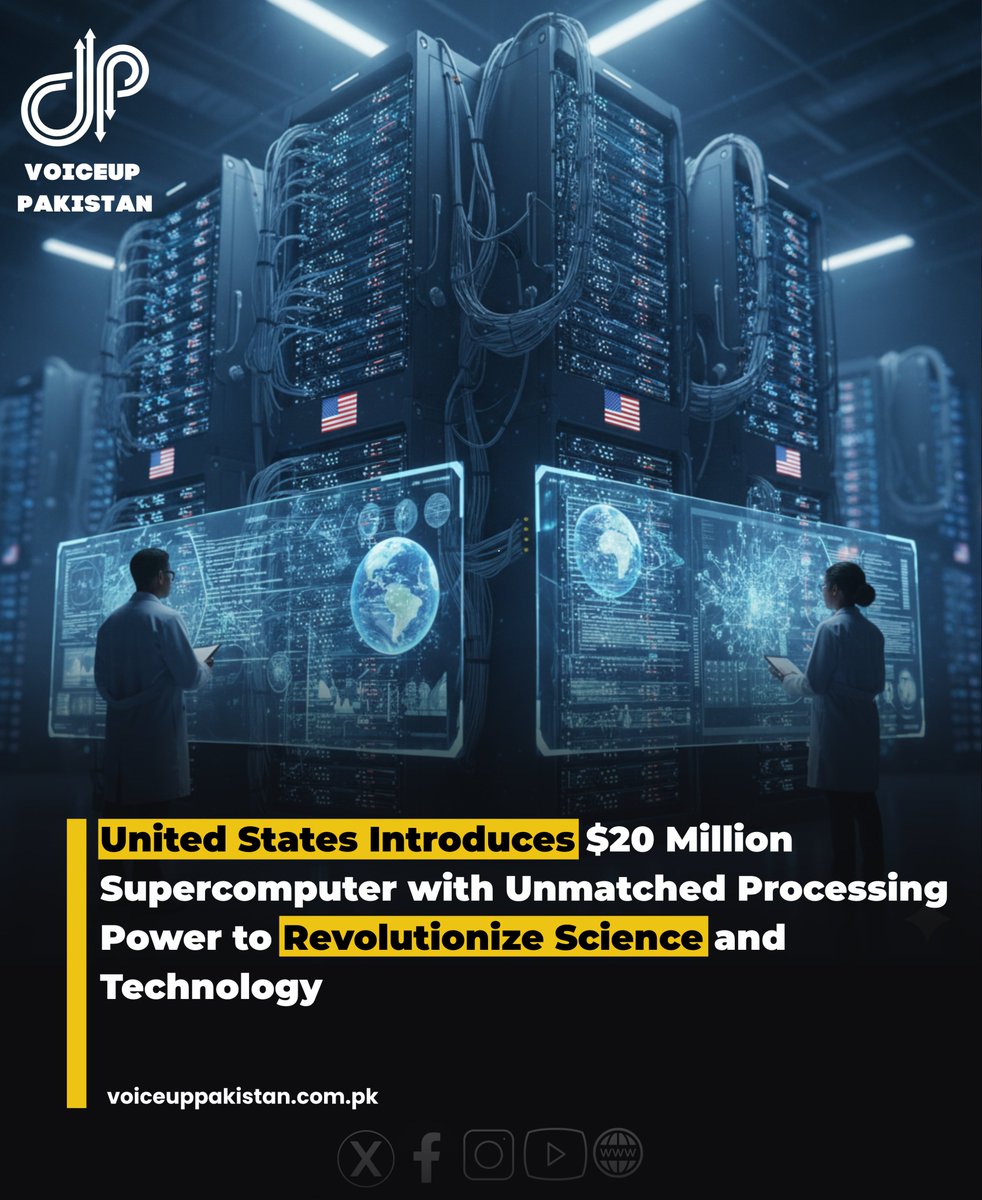 VoiceupPakistan's tweet image. The United States has launched a state-of-the-art $20 million supercomputer that delivers more processing power than the combined capability of the entire human population. 
#Supercomputer #USInnovation #HighPerformanceComputing #AIResearch #ScientificBreakthroughs