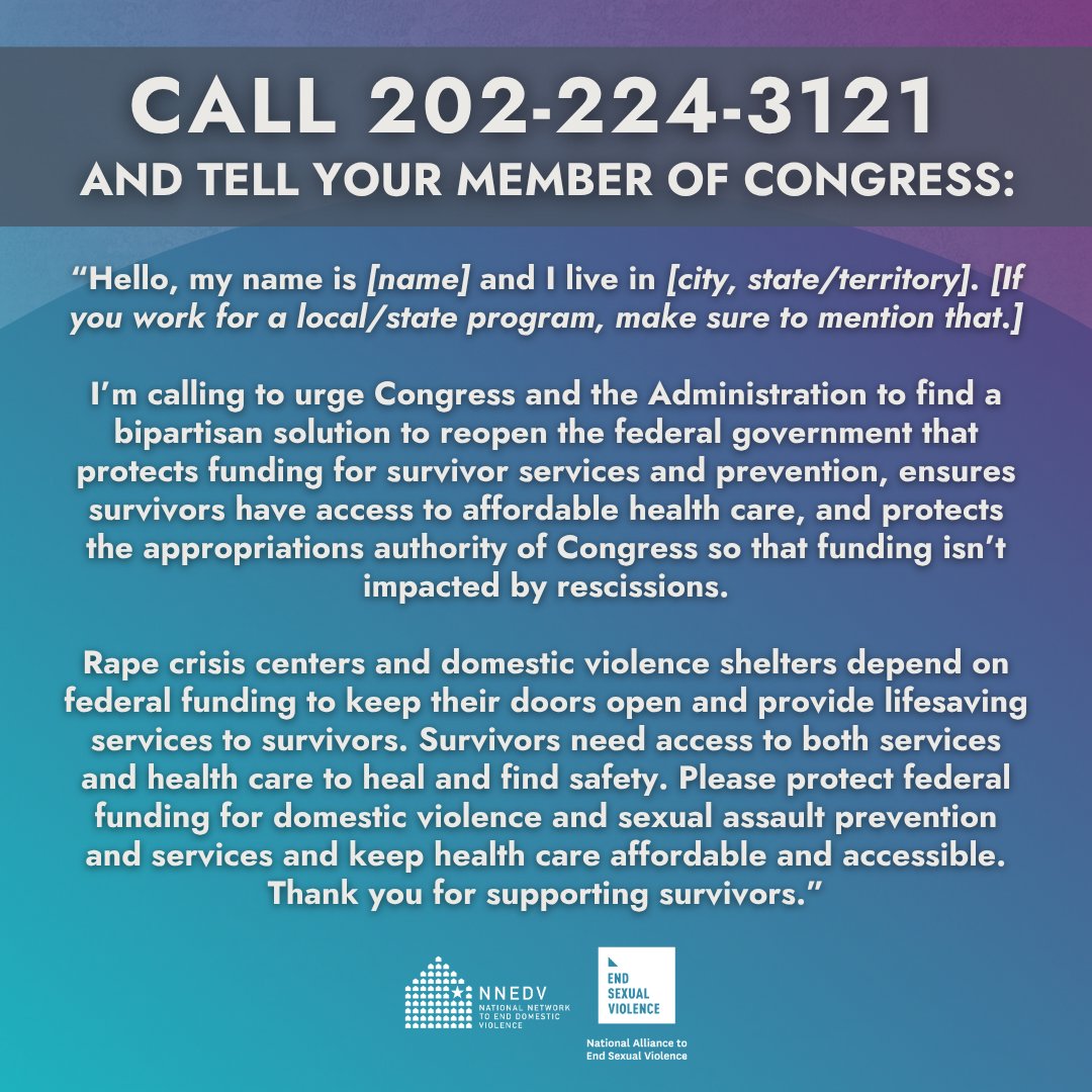 Action Alert! ☎️ Call Congress NOW &amp; tell them to work toward a bipartisan solution to end the shutdown, &amp; ensure funding for prevention &amp; services for survivors, without compromising health care.  

Day of Action toolkit: buff.ly/Fi0Q4vL 
#FundSafetyNow #SupportSurvivors