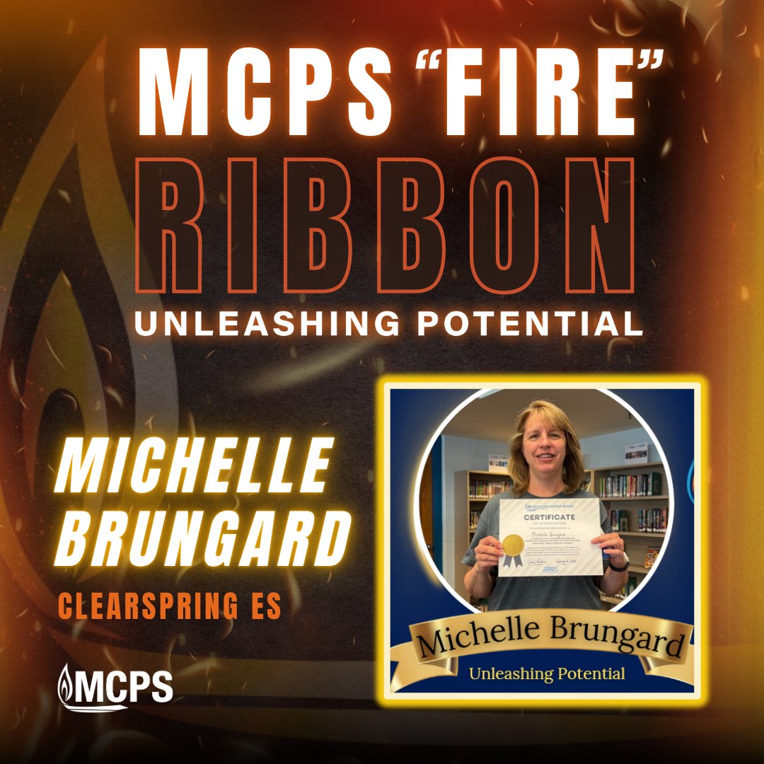 MCPS's tweet image. 🔥 Fire Ribbon Spotlight!
Today we’re celebrating Michelle Brungard, Clearspring ES, for embodying teamwork, collaboration & peer support through the Unleashing Potential Award.
#MCPSFutureReady