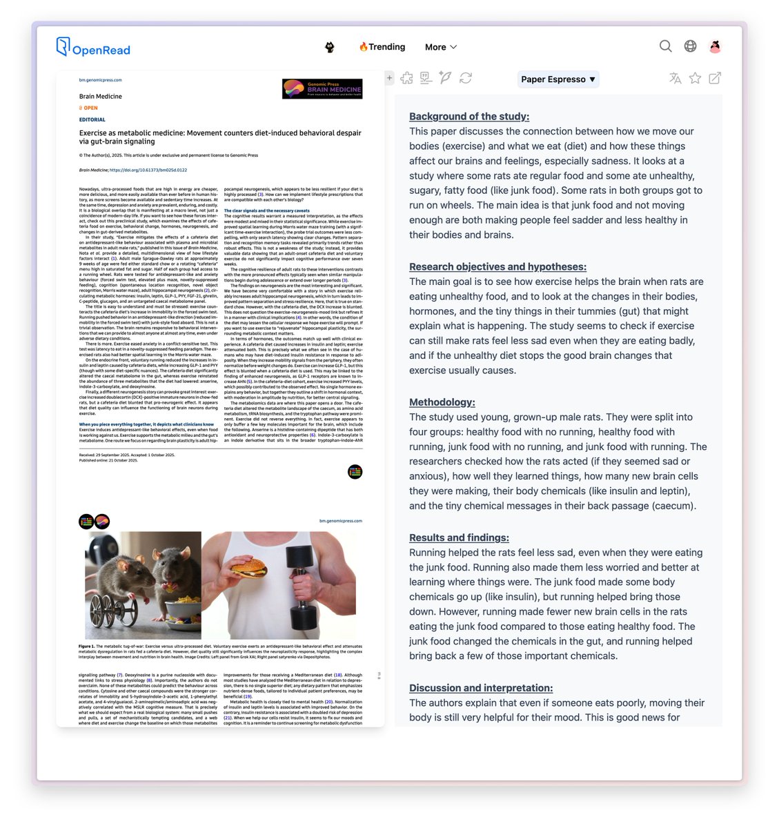 <a href="/NTFabiano/">Nicholas Fabiano, MD</a> Breakdown of the paper:

Title: Exercise as metabolic medicine: Movement counters diet-induced behavioral despair via gut-brain signaling

This paper discusses the connection between how we move our bodies (exercise) and what we eat (diet) and how these things affect our brains