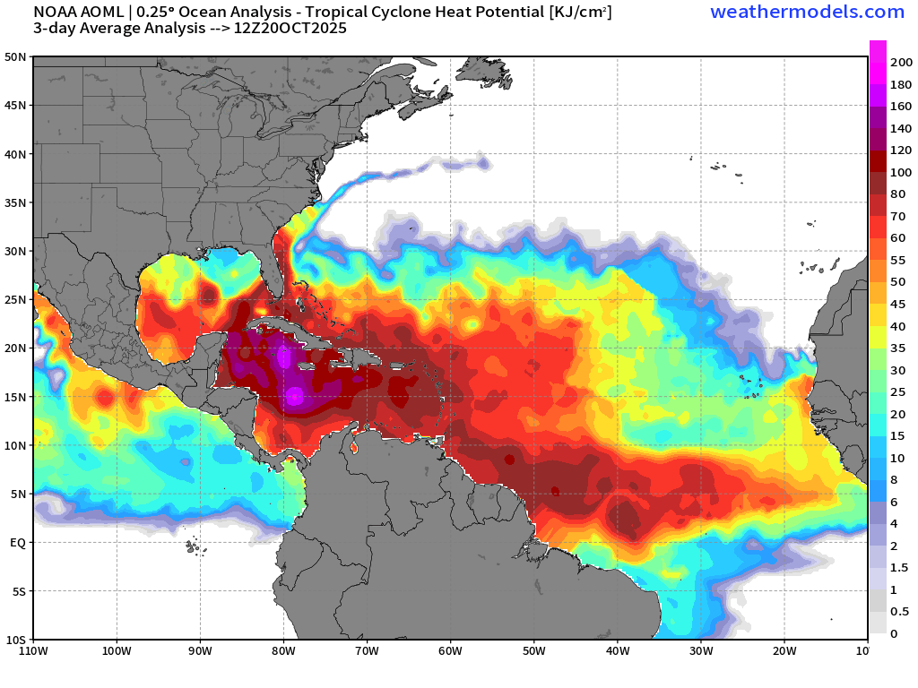 The Caribbean "warm pool" is by far the deepest/warmest reservoir of "hurricane fuel" in the Western Hemisphere w/exceptional ocean heat content supportive of Category 5 hurricane into late October. 

Melissa should have no trouble reaching maximum potential intensity