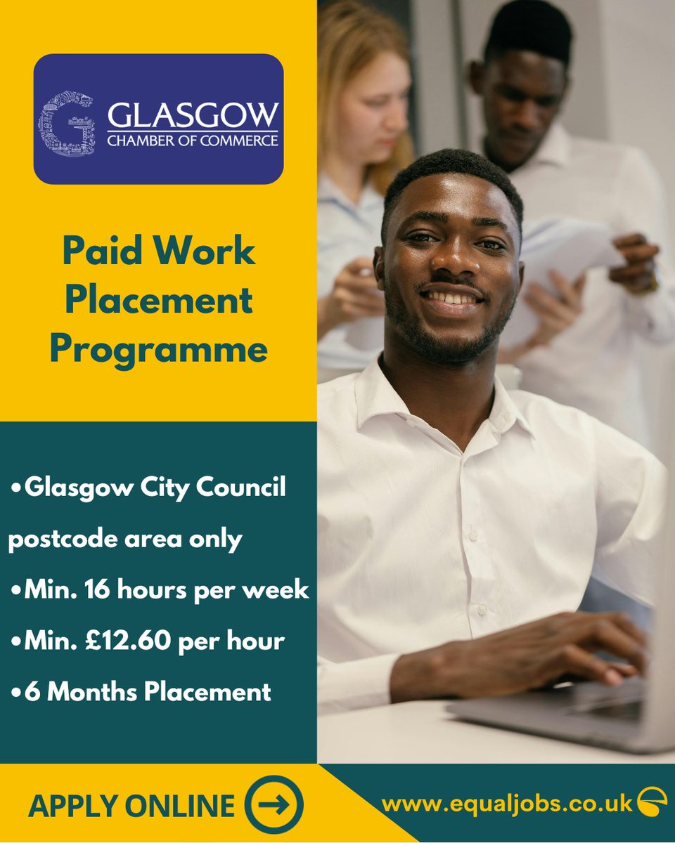 EqualJobsUK's tweet image. Remember to check out the Paid Work Placement Programme! Follow the link to apply:
equaljobs.co.uk/jobs/glasgow/p…

@cemvoscot
@GlasgowCVS
@Glasgow_Chamber
@Enable_Tweets
@moveonscotland

#WorkPlacement #ThirdSector #JoinOurTeam #Glasgow #Hiring #Jobs2025 #Vacancy2025 #Jobseekers
