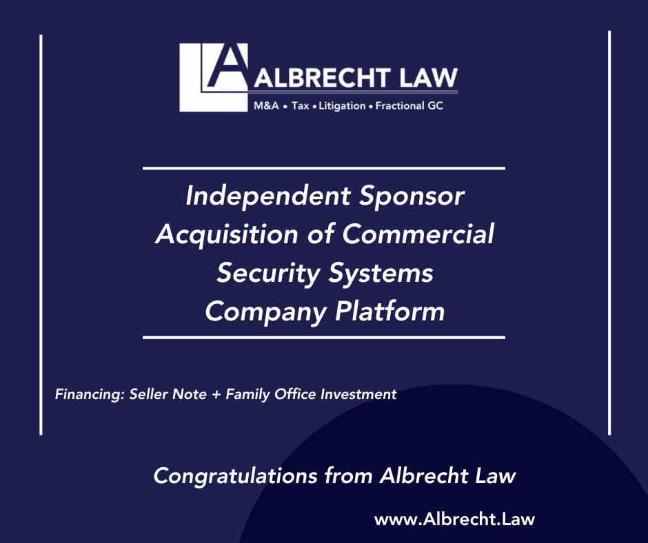 Congratulations to the whole <a href="/Albrecht_Law/">Albrecht Law</a> team on this deal closing with an Indy Sponsor partnering with a family office. Very happy for this client.