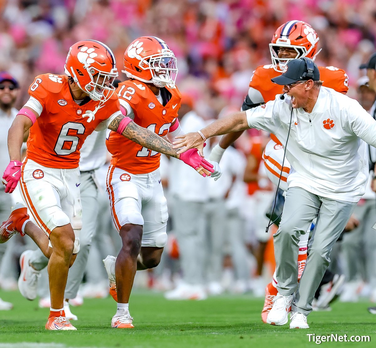One of the bright spots for Clemson in last Saturday’s game, <a href="/Coach_TomAllen/">Coach Tom Allen</a> running to celebrate with <a href="/ricardojones05/">Ricardo Jones</a> after his interception, his 3rd for the 2025 season. 
<a href="/ClemsonTigerNet/">TigerNet.com</a>