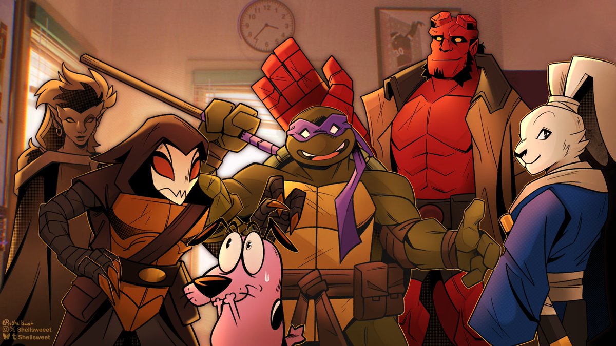 Shellsweeet's tweet image. Jumped in on the Spider-Verse art trend!! #TMNT #Hellboy #Gargoyles #Usagiyojimbo #couragethecowardlydog #rottmnt