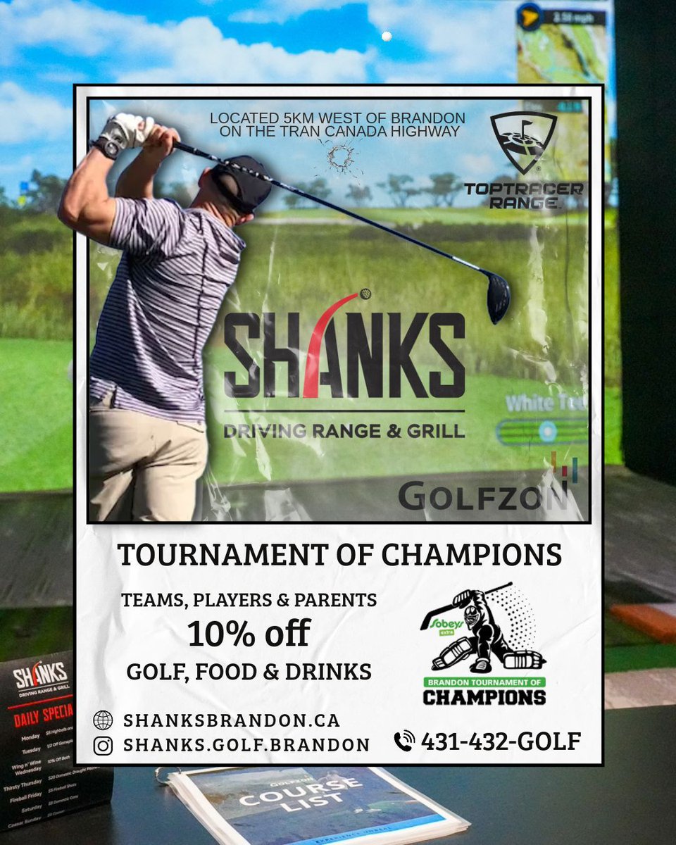 We are thrilled to have Shanks Driving Range &amp; Grill sponsor this year's Tournament of Champions! Shanks offers year-round entertainment, and as a contribution, they will provide a 10% discount on golf, food, and drinks for teams, players, and parents! Thank you for the support!