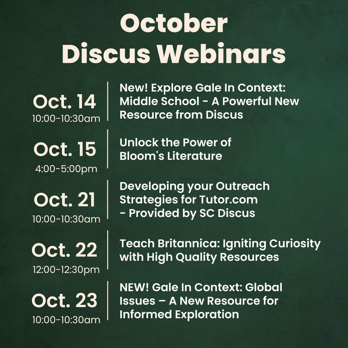 Looking for virtual Discus training? Join us for our October Discus Webinars! All sessions feature expert trainers on Discus resources. 

To register, visit tinyurl.com/3h32tsct