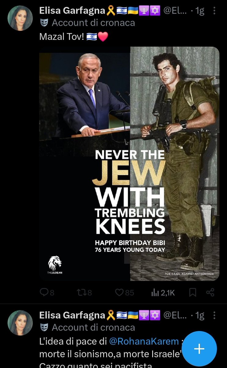 La dissociazione cognitiva dei sionisti:
EG: "lui non è per la pace"
<a href="/samgam75/">Samuele Tofano</a>"ma parla di convivenza" 
EG: "io non dico morte alla Palestina"
Procede a fare gli auguri a Netanyahu letteralmente il post successivo.
(non posso taggarla perché mi ha bloccato)