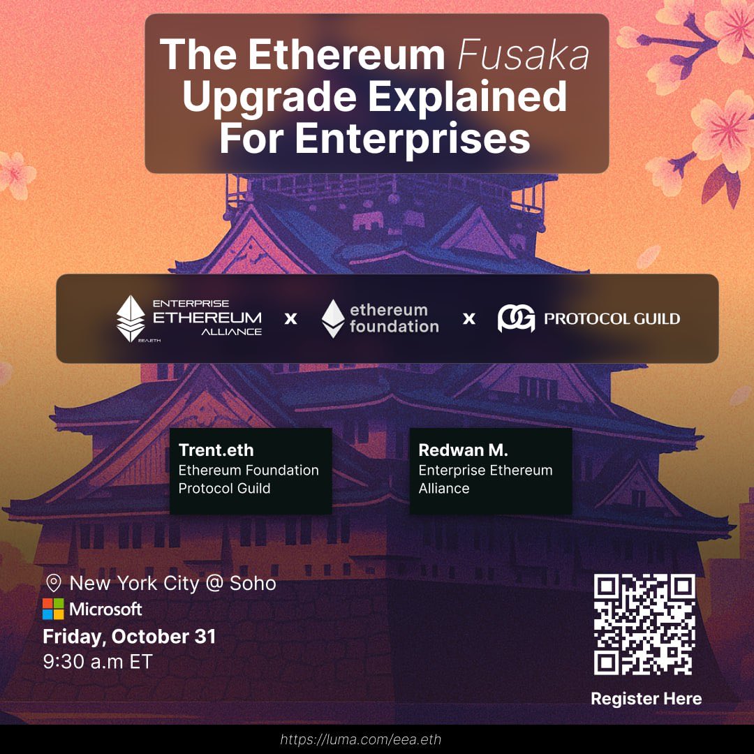 RedoudouM's tweet image. Support Public Goods !
Join the @EntEthAlliance Friday October 31st morning for an IRL event in NYC with the @ProtocolGuild of @ethereum.
I will host @trent_vanepps from @ethereumfndn and @ProtocolGuild we will present you what does the next Ethereum upgrade Fusaka means for…