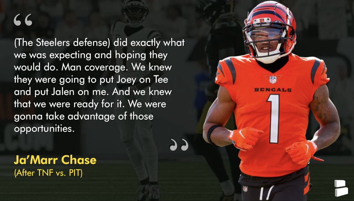 When Ja’Marr Chase said the Bengals knew “exactly” what the Steelers were going to do defensively last week, what he was referring to was they knew they were going to play heavy man coverage (which they did), and that they’d mostly put Ramsey 1-on-1 on him (which they did).

My