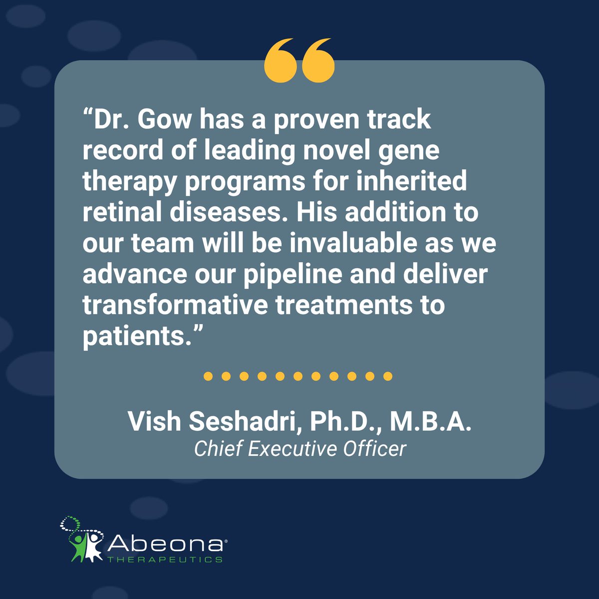 We’re excited to announce the appointment of James A. Gow, MD, MBA, MS, MHCM, as Senior Vice President, Head of Clinical Development &amp; Medical Affairs at Abeona Therapeutics.
 
Read more 👉 bit.ly/AbeonaJamesGow…
 
#Biotech #Innovation #Leadership