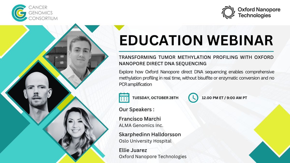 CG_Consortium's tweet image. Join us next week for &quot;Transforming Tumor Methylation Profiling with Oxford Nanopore Direct DNA Sequencing&quot; on October 28, 2025. Click here to learn more and register today: buff.ly/zOJmm4t