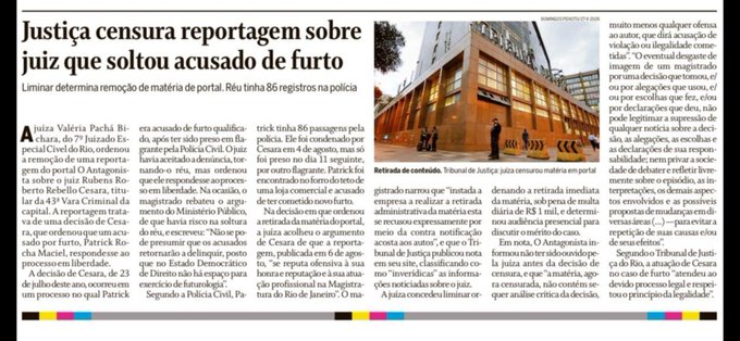 Newspaper clipping displays headline Justiça censura reportagem sobre juiz que soltou acusado de furto with article text detailing judicial decision to release thief with 86 priors then recidivism and censorship order by another judge building exterior visible in background photo.
