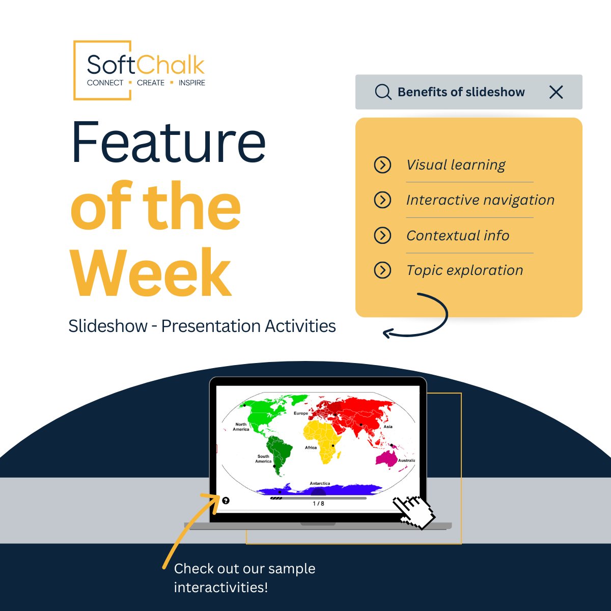 Feature of the Week: Slideshow ✨

Present content visually, guide learners through topics step-by-step, and add context that deepens understanding, all in an interactive, easy-to-navigate format.

👉 Explore our sample interactivities here: hubs.ly/Q03PH1HY0