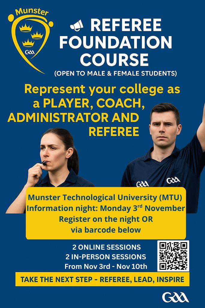 A great opportunity for students to start their journey as a referee with the course being held in <a href="/MTU_ie/">Munster Technological University</a> Cork Campus. Please sign up if interested
#mtuabú