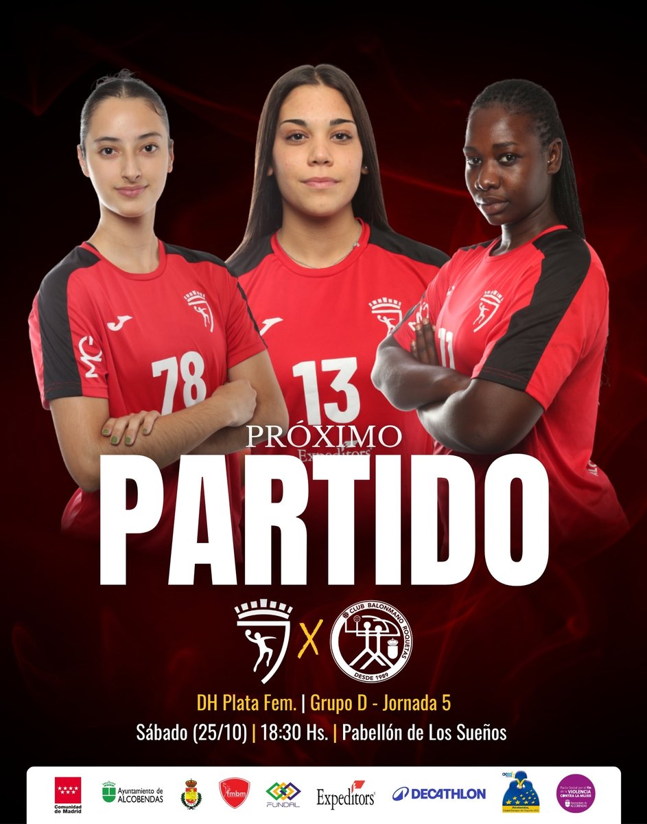 ¡𝐏𝐑𝐎́𝐗𝐈𝐌𝐎 𝐏𝐀𝐑𝐓𝐈𝐃𝐎!

🗓️ Grupo D #DHPlataFem | Jornada 5
⏰ Sábado 25/10, 18:30 Hs. 
🆚 <a href="/BM_Roquetas/">Club Balonmano Roquetas</a> 

¡Os esperamos en casa! 🤝

#BMAlcobendas #SomosAlcobendas
