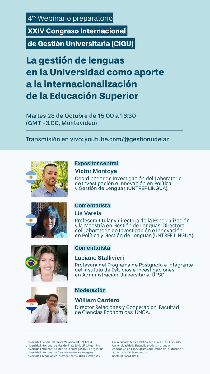 👉Participa del 4° Webinario preparatorio para el próximo XXIV Congreso Internacional de Gestión Universitaria.

📺El intercambio se transmitirá en vivo por el canal de Youtube de <a href="/gestionudelar/">Prorrectorado de Gestión de la Udelar</a> 

🔎Link: youtube.com/@gestionudelar