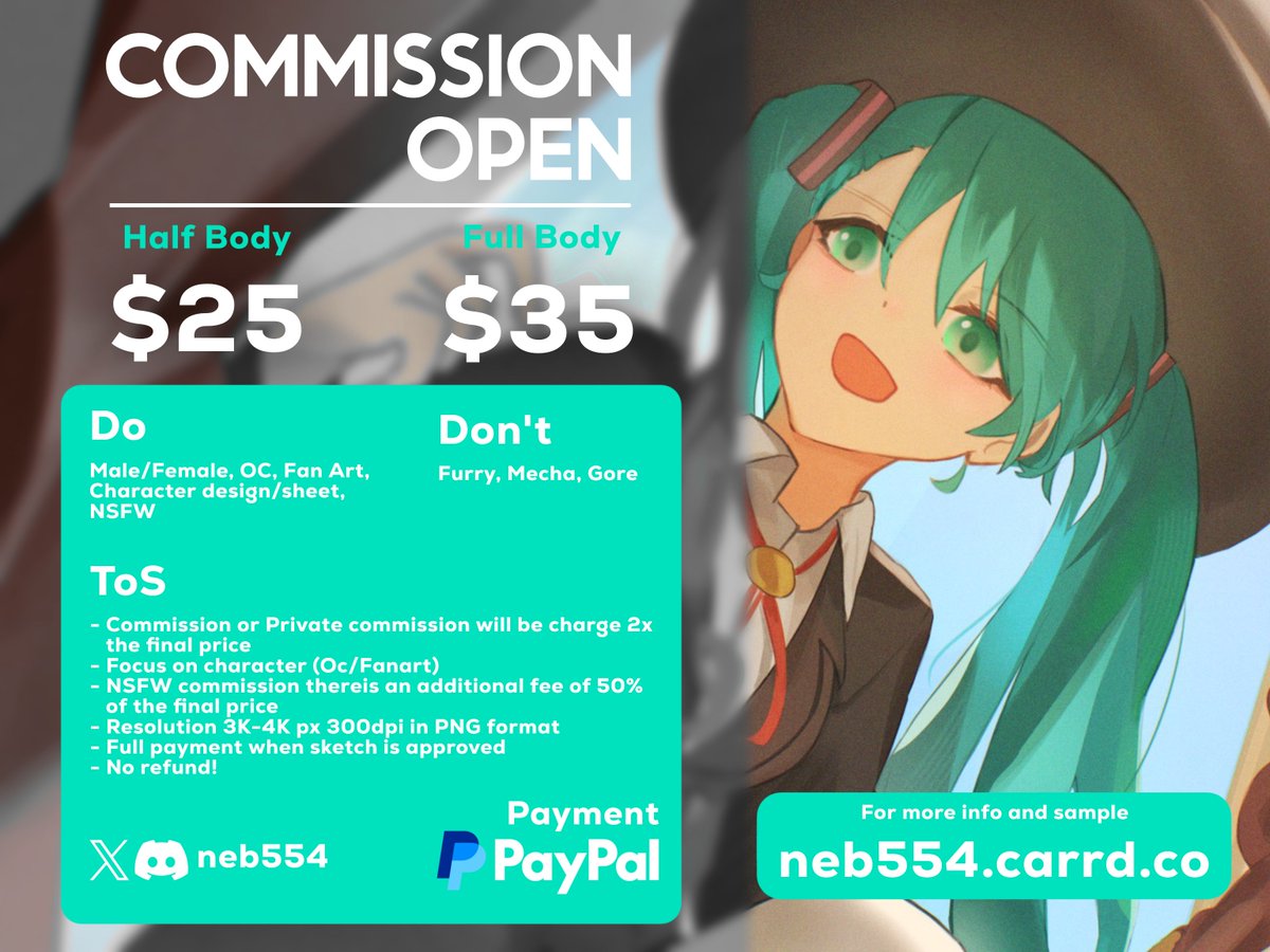 Hello!!
(I really appreciate your repost ✨)

I'm open commission artwork for this month!!
More Info : neb554.carrd.co 
Contact me if you are interested. Thank you!

#commissionsopen #ArtistOnTwitter #commission_art #commissions #commissionsheet #commissionTH