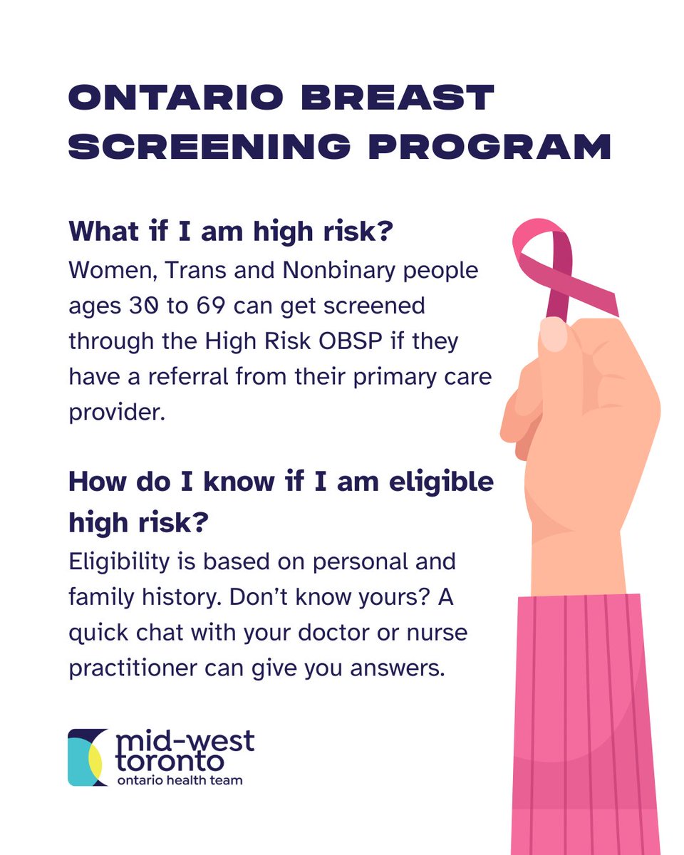 If you’re at higher risk for breast cancer, you may qualify for the High Risk Ontario Breast Screening Program (OBSP).

Learn more at cancercareontario.ca/breast 

Based in Toronto and looking for more info? Email info.opendoor@accessalliance.ca.

#BreastCancerAwarenessMonth
