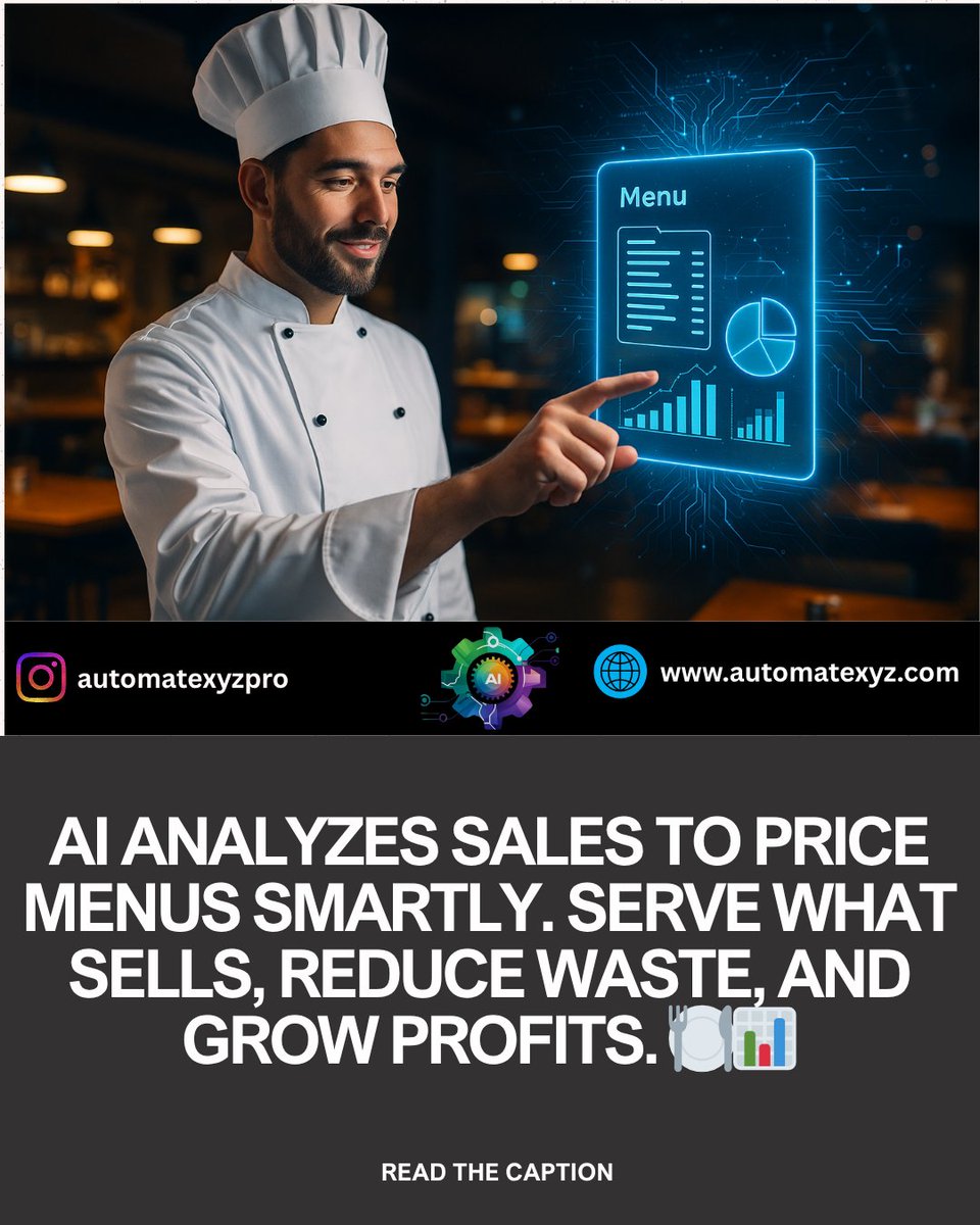 automatexyzpro's tweet image. AI analyzes sales to price menus smartly. Serve what sells, reduce waste, and grow profits. 🍽️📊