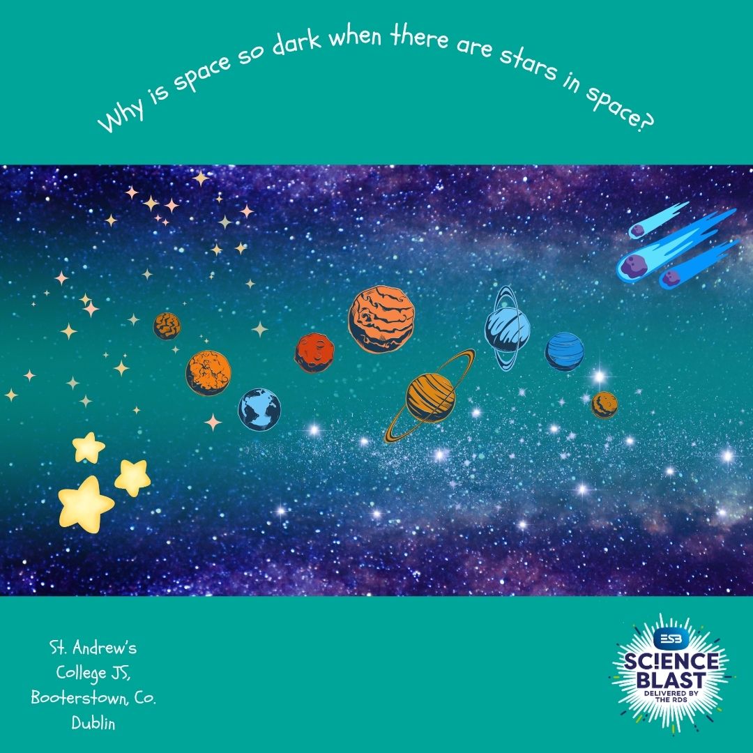 esbscienceblast's tweet image. @standrewsdublin submitted their #ESBScienceBlast investigation early to make sure that they are included in our Early Submissions draw. They predict that space is very dark because it is a vacuum. We’ll find out if they are correct at #ESBScienceBlast @TheRDS in March!