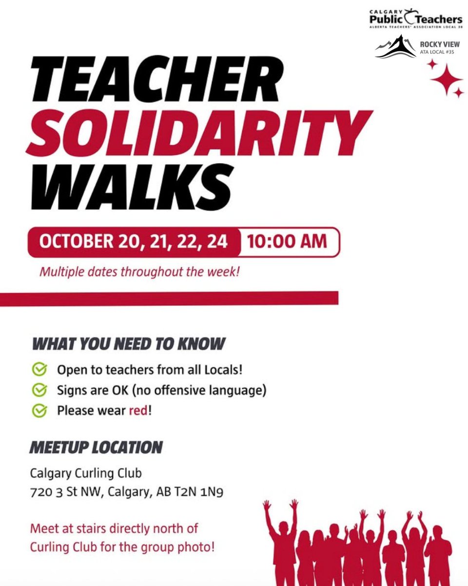 Stand strong together as we walk in support of our profession. Join us for this week's Teacher Solidarity Walks. 
✅ Open to all Locals &amp; Signs welcome (no offensive language)
❤️ Don’t forget to wear red!
#Red4EdAB #TeacherSolidarity #RVSTeachers #WeAreATA #PublicEducationMatters