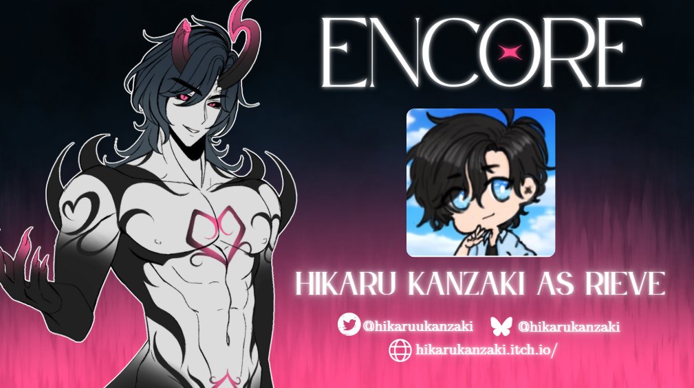 Big news, everyone! 💕

Our charming (and dangerously obsessive) demon idol Rieve finally has a voice!

🎙️Voiced by the talented <a href="/HikaruuKanzaki/">Hikaru Kanzaki</a>  — stay tuned to hear his hypnotic lines soon 👀

#VisualNovel #IndieDev #ENCORE_VN #VoiceReveal