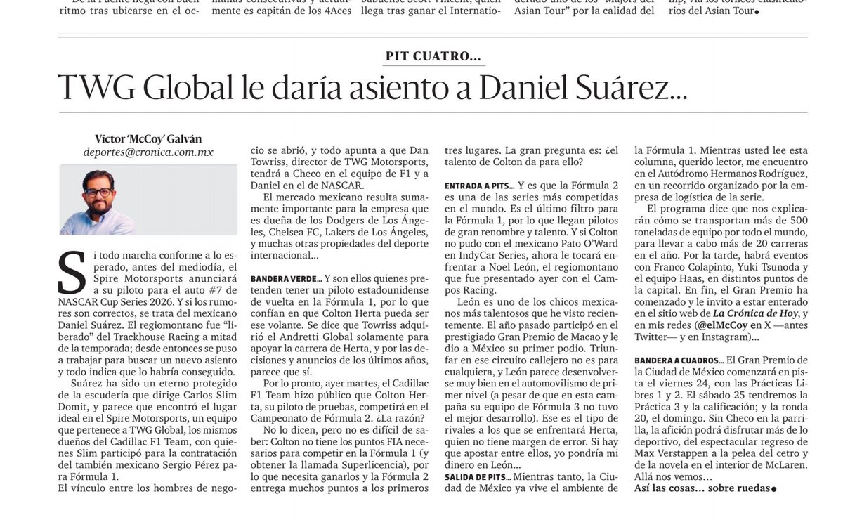 Miércoles de #MexicoGP, pero antes: Daniel Suárez ya tiene asiento en #NASCAR para 2026. Los detalles en mi columna en <a href="/LaCronicaDeHoy/">La Crónica de Hoy</a>. Entérense, acá solo información de calidad. #F1