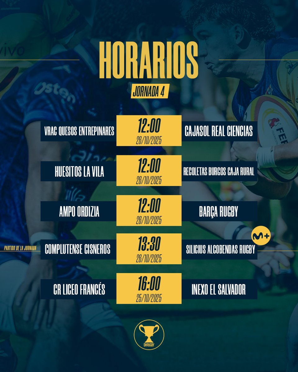 ⌚️ 𝐇𝐎𝐑𝐀𝐑𝐈𝐎𝐒 jornada 4️⃣ de #DHRugby. 

📺 <a href="/MovistarRugby/">Rugby en Movistar Plus+</a> emitirá el partido entre  <a href="/Cisneros_Rugby/">Club de Rugby Complutense Cisneros</a>  y <a href="/AlcobendasRugby/">Silicius Alcobendas Rugby</a> 

👀 El resto de partidos por el canal de YouTube de <a href="/ferugby/">España Rugby</a> 👉🏻 youtube.com/@FERUGBYTV

#DHRugby