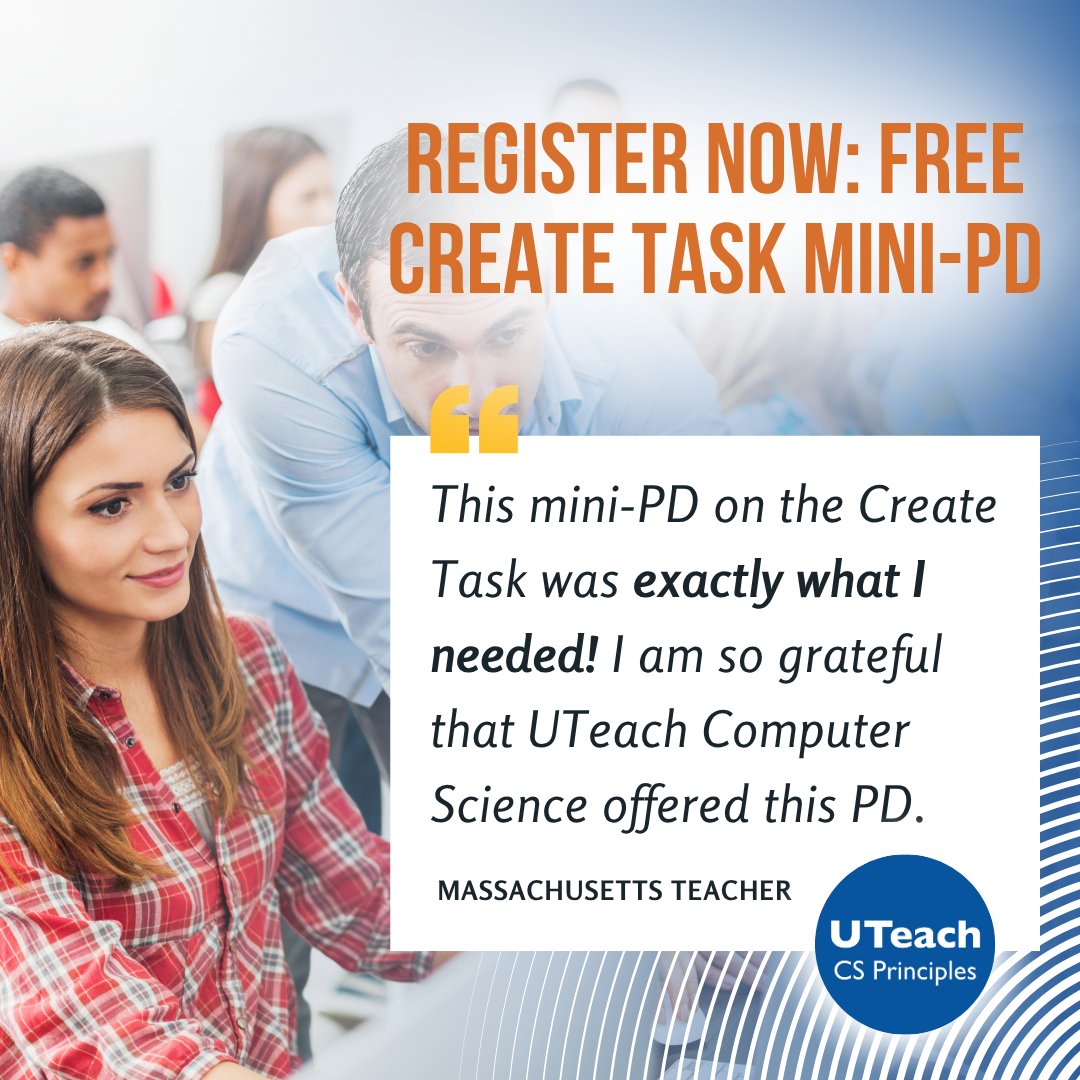 UTeachCS's tweet image. Searching for tips to help your students succeed on the #APCSP Create Task?

Join our free mini-PD this Saturday for actionable tips, effective strategies, &amp;amp; AI guidance you can use right away.

⏳ Last year’s seats went fast, so grab yours today: bit.ly/csp-oct25
