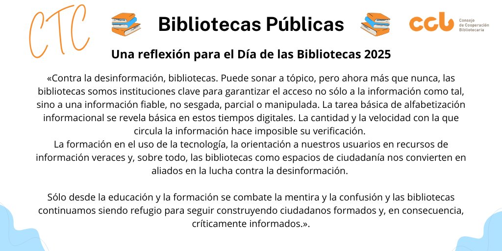 CCBiblio's tweet photo. "Contra la #desinformación: #bibliotecas" 💪 es el lema escogido por @culturagob para celebrar el viernes el #Díadelasbibliotecas. 🎉 📚

En este marco, el presidente de la CTC de #BibliotecasPúblicas del #CCB nos deja una reflexión
👇
https://t.co/30ZooCtDsF https://t.co/JlR9NpmOSj