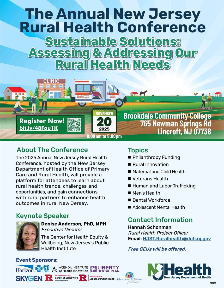 Join us Nov 20 at the NJ Rural Health Conference! 
Explore solutions for rural health with experts &amp; community leaders.

📍 Brookdale Community College, Lincroft
🕗 8AM–5PM
🎤 Keynote: Dr. Denise Anderson

Free CEUs  
Register: bit.ly/48Fau1K