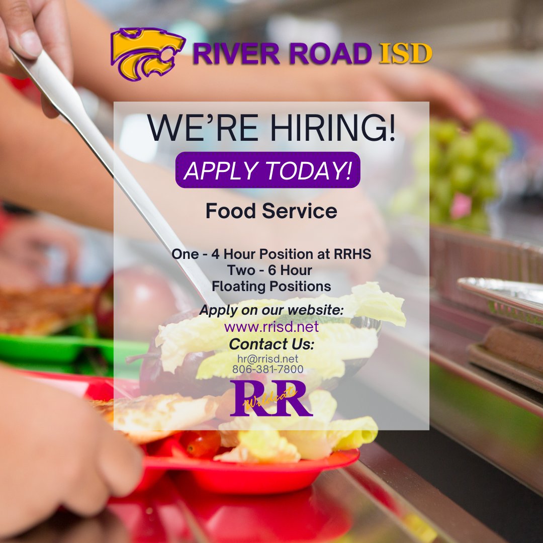 Our food service department has a four-hour position open at the high school as well as two floating positions. Apply today at rrisd.net!