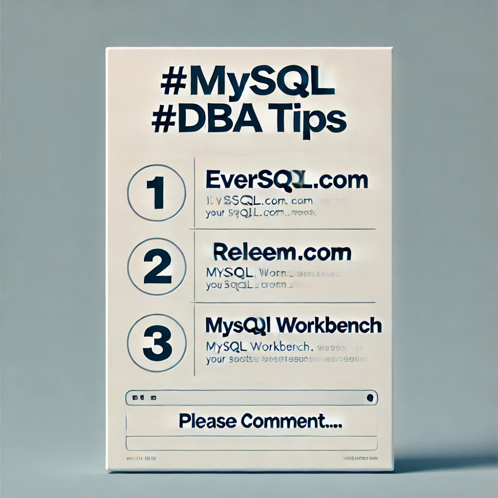 rajkbnp's tweet image. 📝#MySQL #DBA Tips

🙋 Found few tools for #MySQL optimization ⛏️, worth checking
1️⃣ eversql.com
2️⃣ releem.com (via @releemhq)
3️⃣ MySQL Workbench
4️⃣ Please comment...